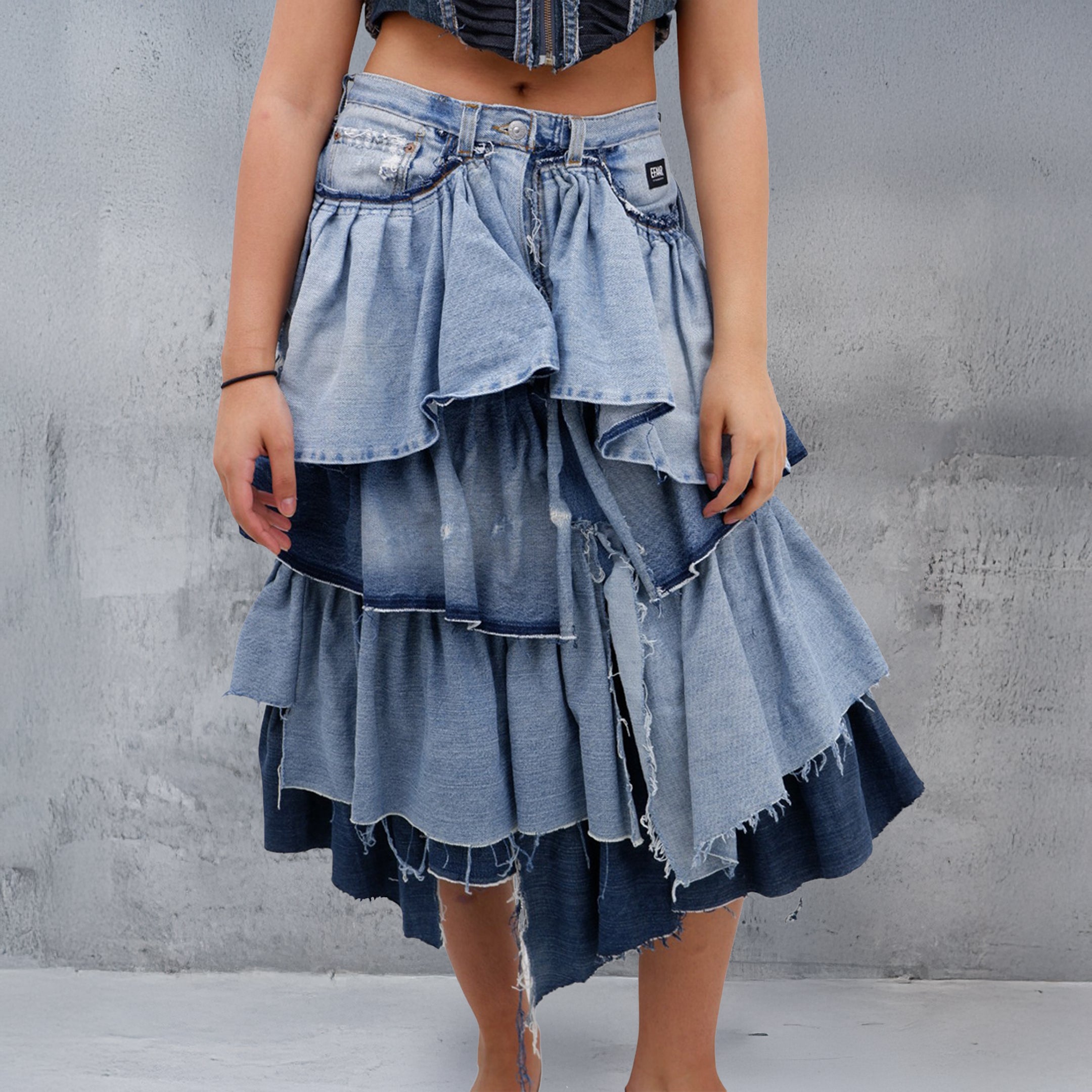 Ruffle Denim Wrap Flare Skirt Rara Skirt Blue Purchases Jean Skirt