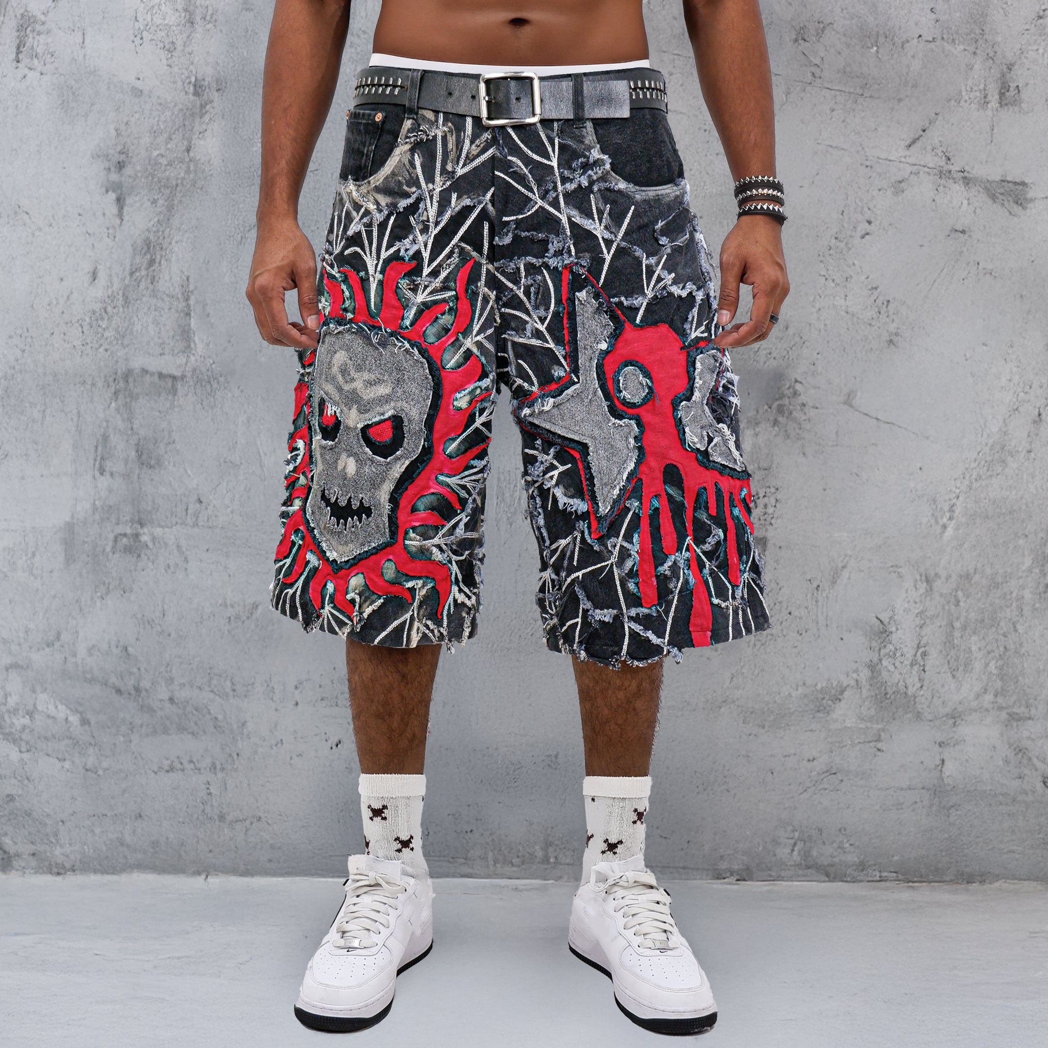 Distressed Skull Patched Denim Jorts Unisex – Efaar