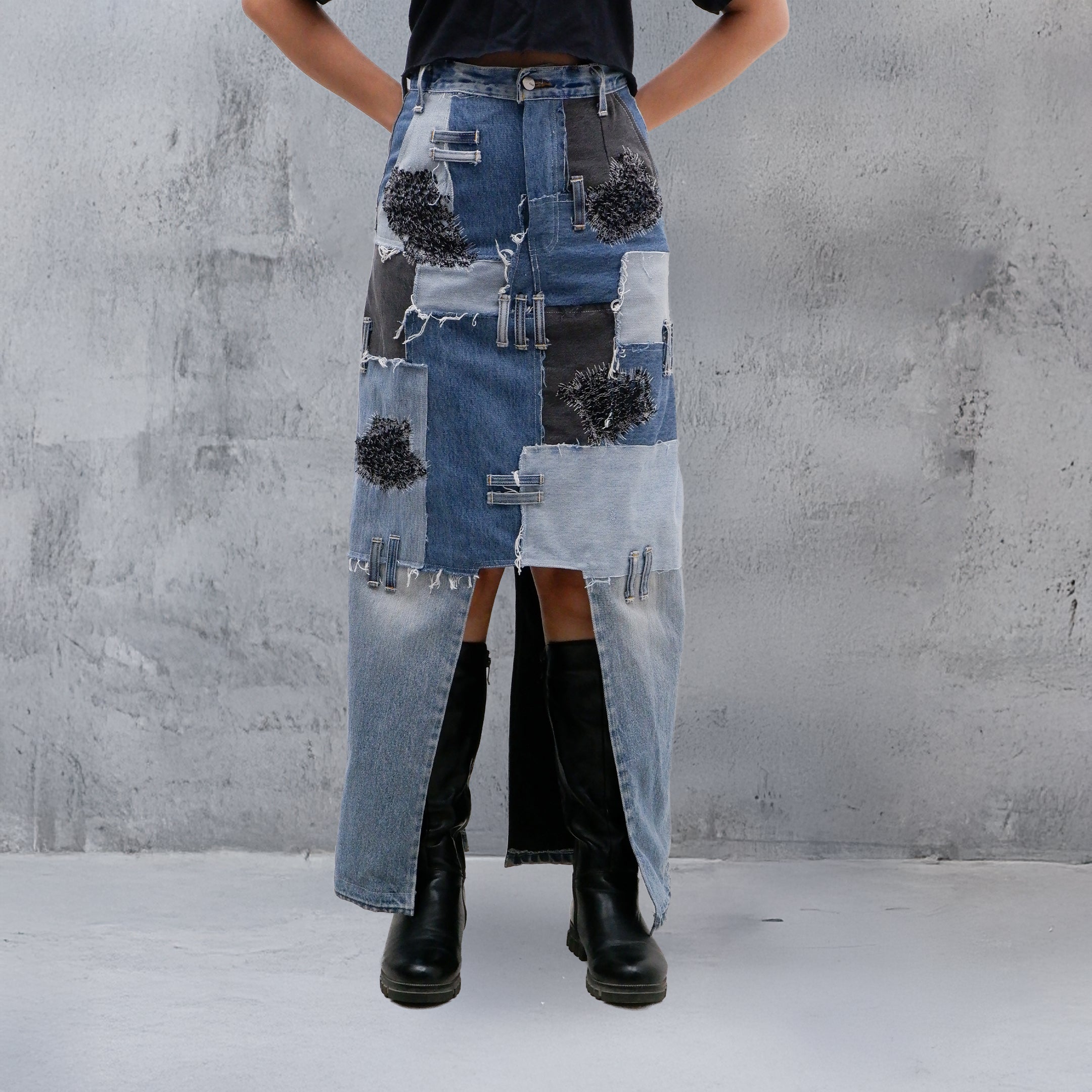 Open Front & Back Patchwork Denim Skirt – Efaar