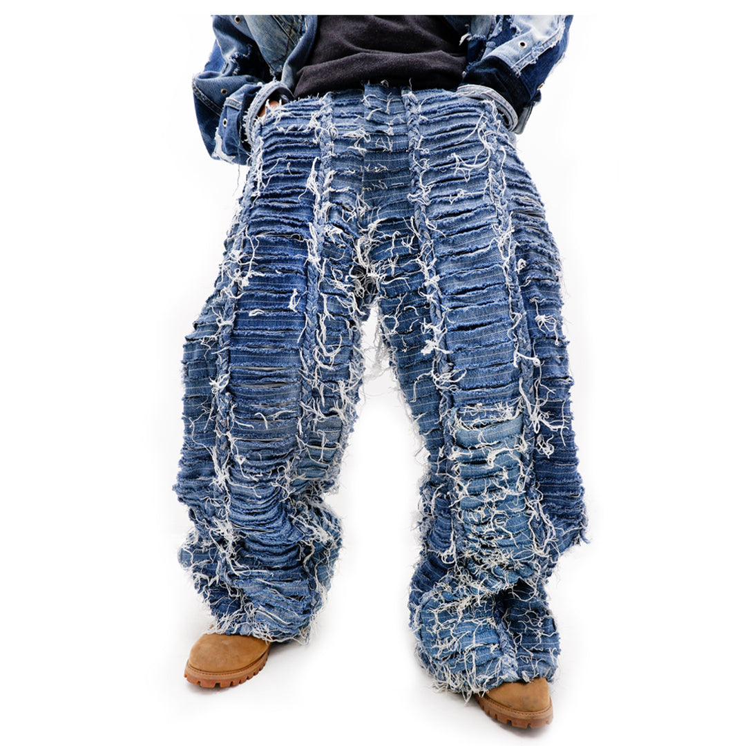 Braided Detailed Distressed Wide Leg Jeans Unisex