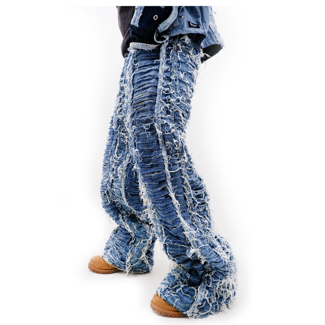 Braided Detailed Distressed Wide Leg Jeans Unisex