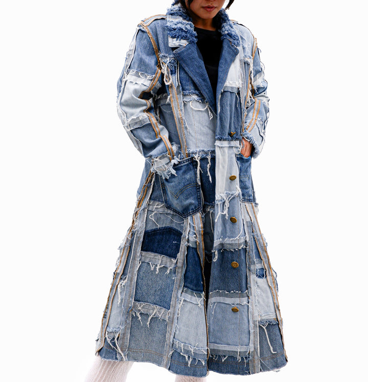 Distressed Patched Denim Coat / Jacket