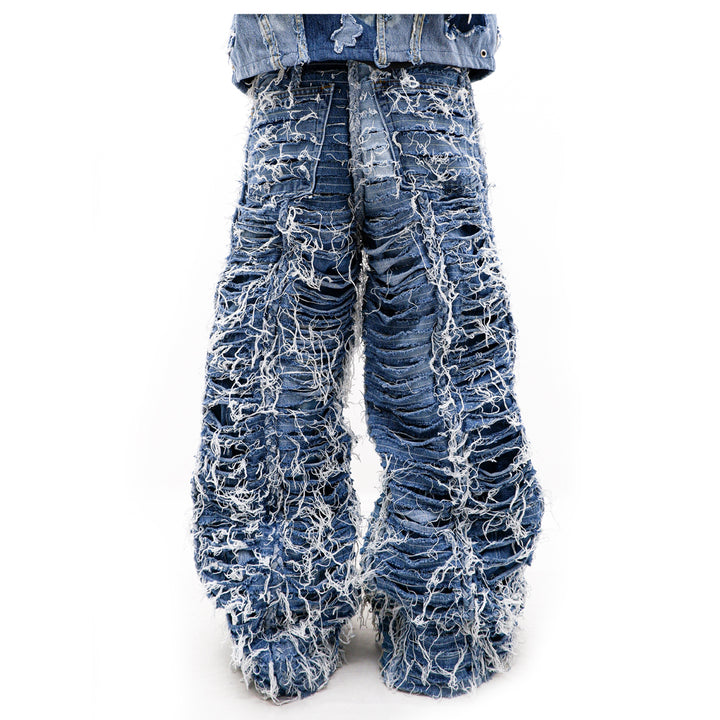 Braided Detailed Distressed Wide Leg Jeans Unisex