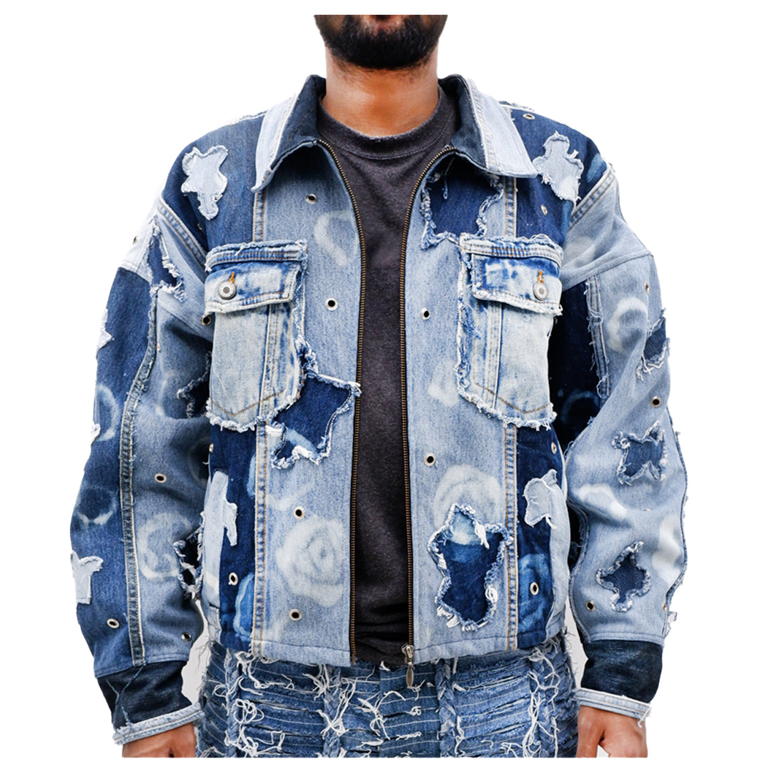 Eyelet Detailed Denim Patched Jacket Unisex