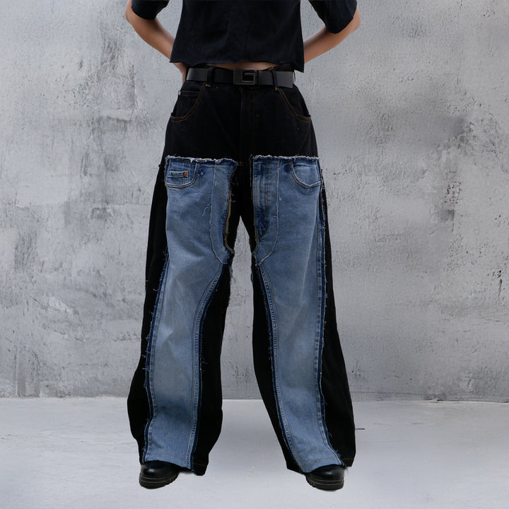 Black Patchwork Wide Leg Jeans with modern sustainable fashion style