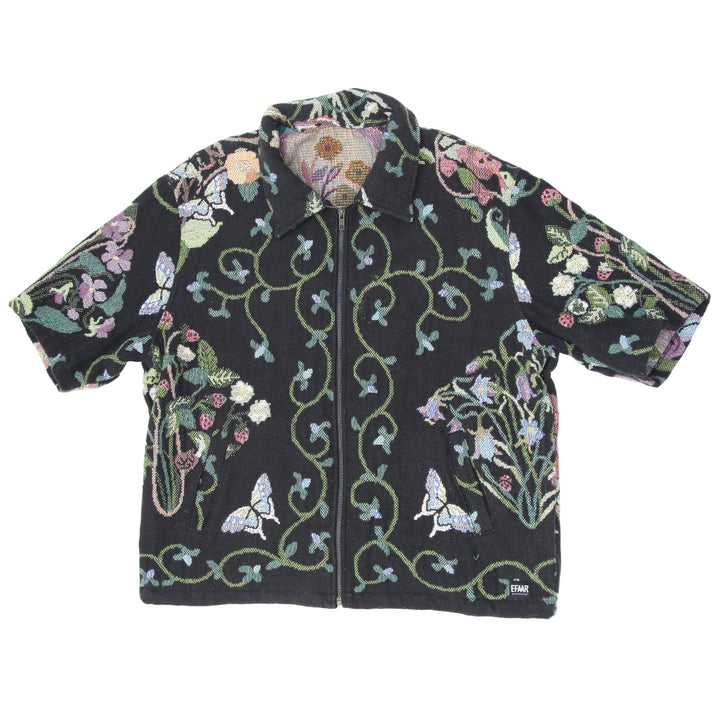 Black Floral Tapestry Half Sleeve Shirt Jacket