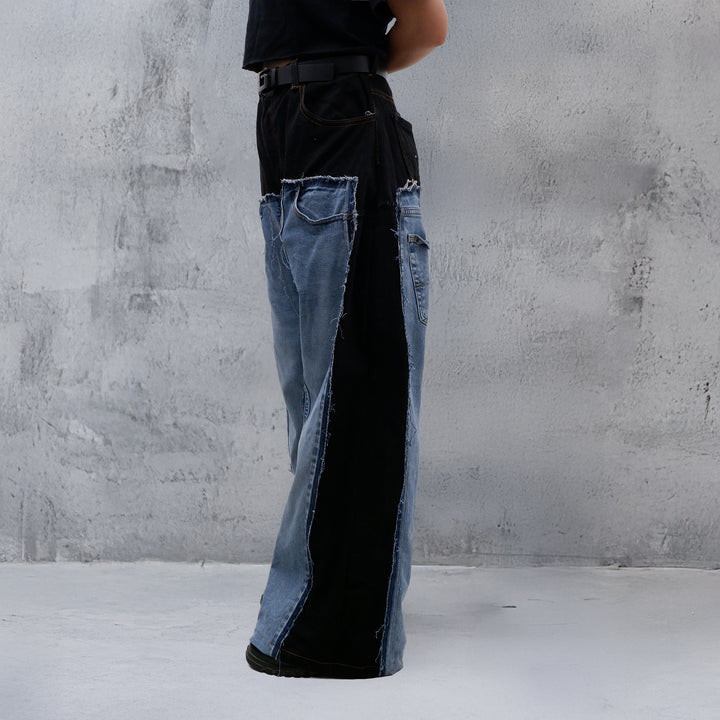 Black Patchwork Wide Leg Jeans with modern sustainable fashion style