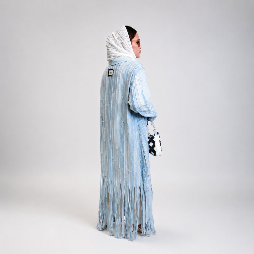 EFAAR Washed Fringed Stripe Denim Abaya