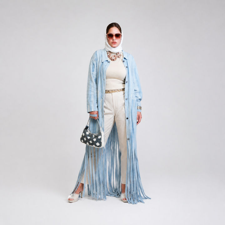 EFAAR Washed Fringed Stripe Denim Abaya