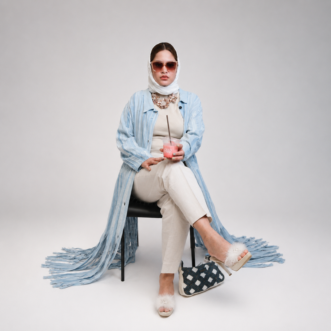 EFAAR Washed Fringed Stripe Denim Abaya