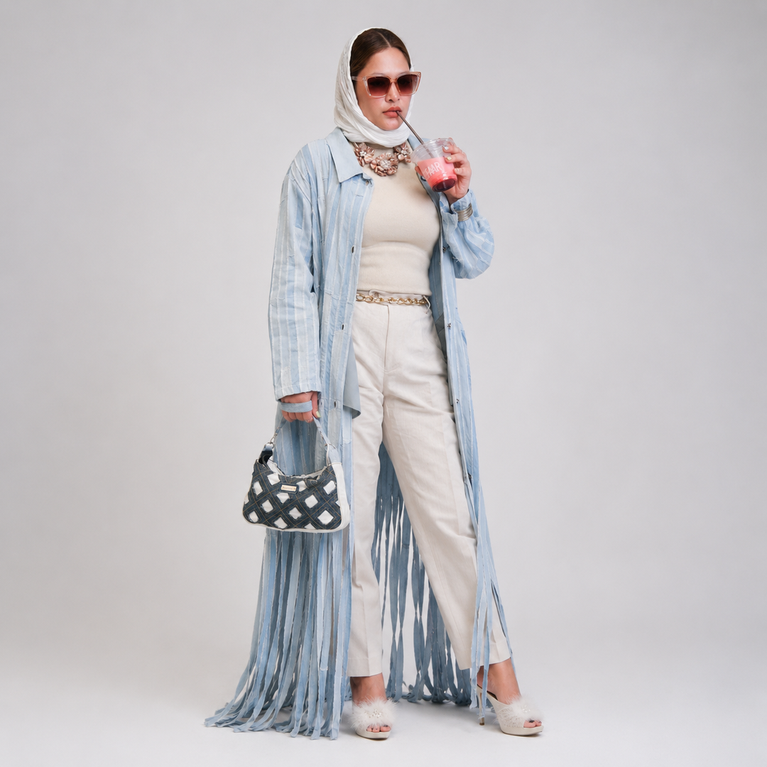 EFAAR Washed Fringed Stripe Denim Abaya