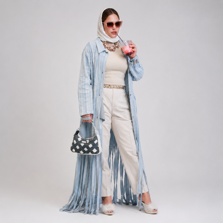 EFAAR Washed Fringed Stripe Denim Abaya