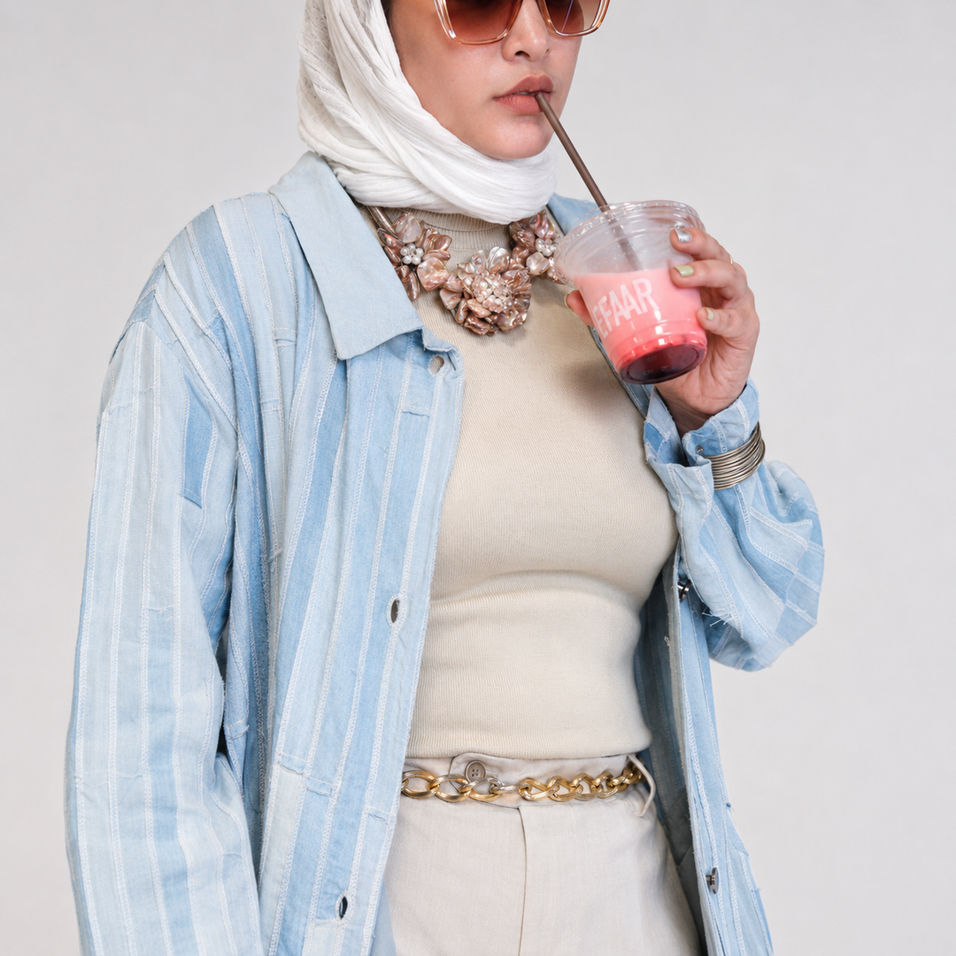 EFAAR Washed Fringed Stripe Denim Abaya
