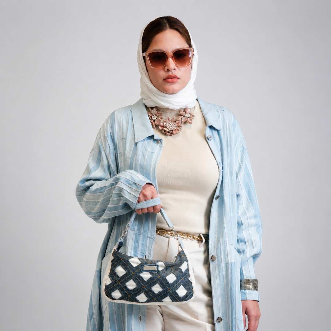 EFAAR Washed Fringed Stripe Denim Abaya