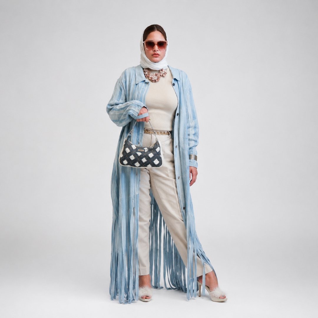 EFAAR Washed Fringed Stripe Denim Abaya