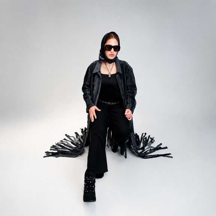 EFAAR Noir Fringed Striped Denim Abaya