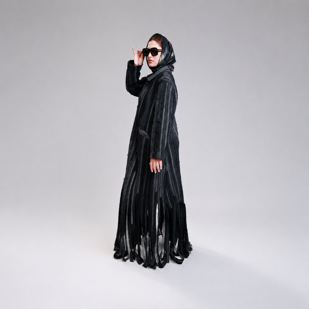 EFAAR Noir Fringed Striped Denim Abaya