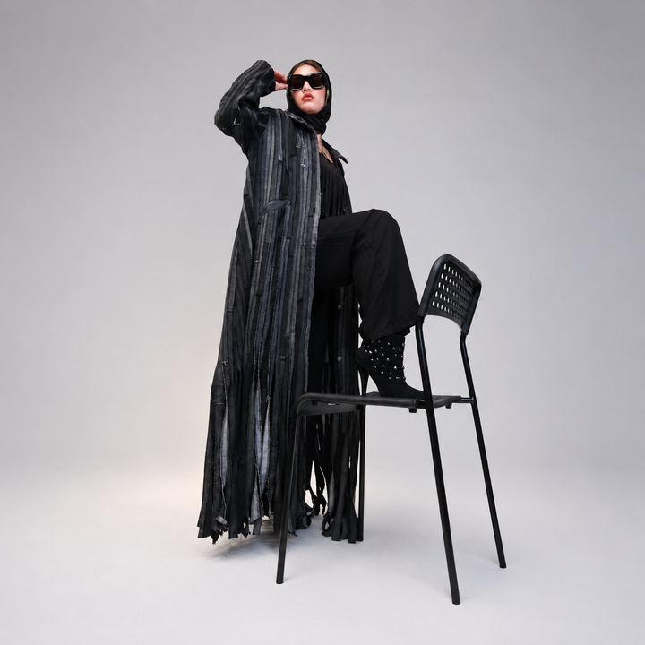 EFAAR Noir Fringed Striped Denim Abaya