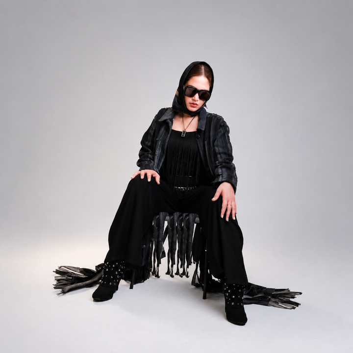 EFAAR Noir Fringed Striped Denim Abaya