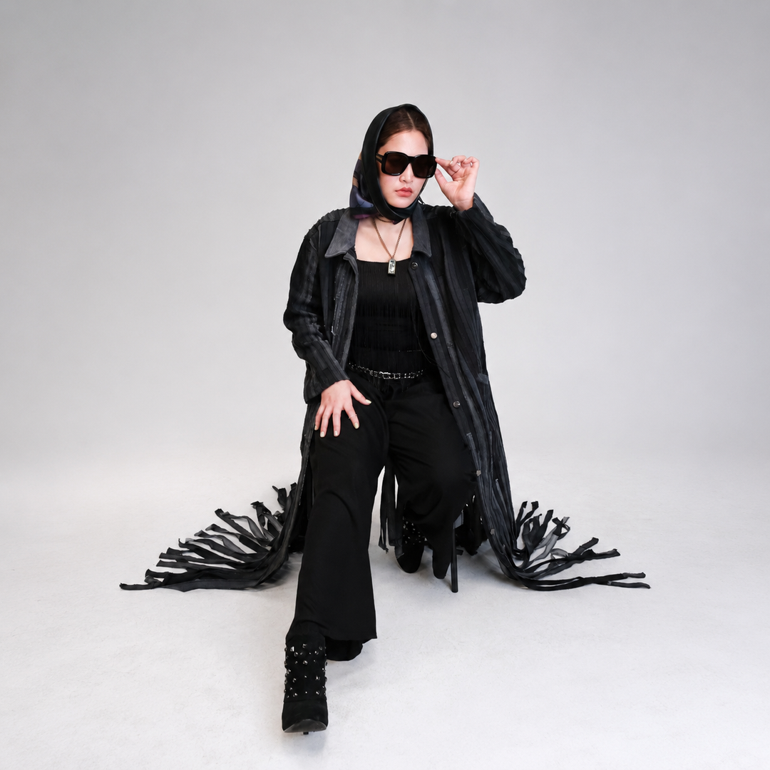 EFAAR Noir Fringed Striped Denim Abaya