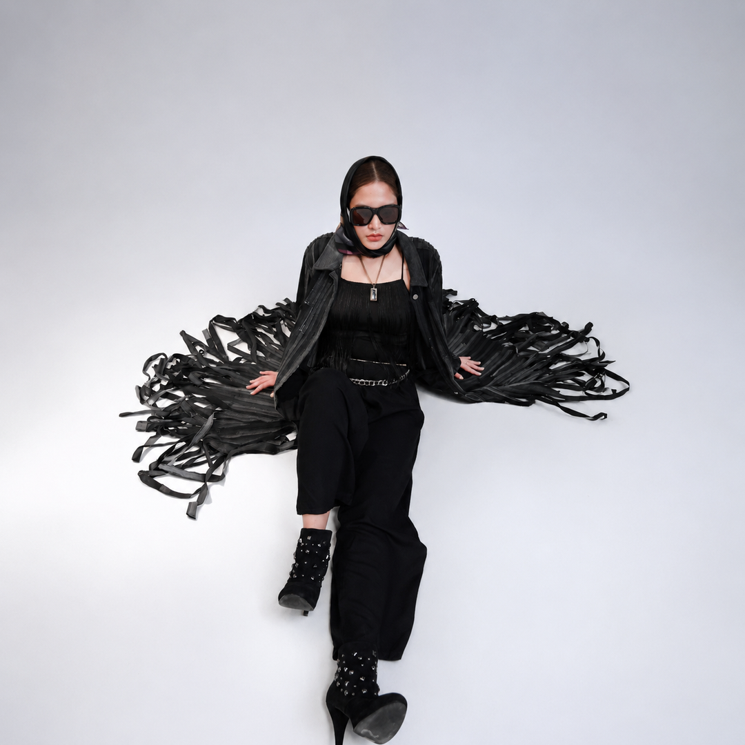 EFAAR Noir Fringed Striped Denim Abaya