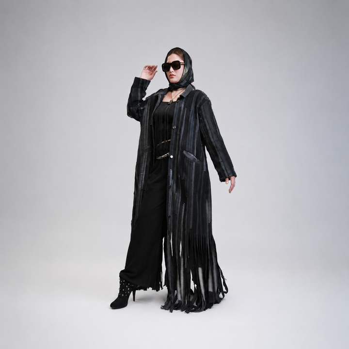 EFAAR Noir Fringed Striped Denim Abaya
