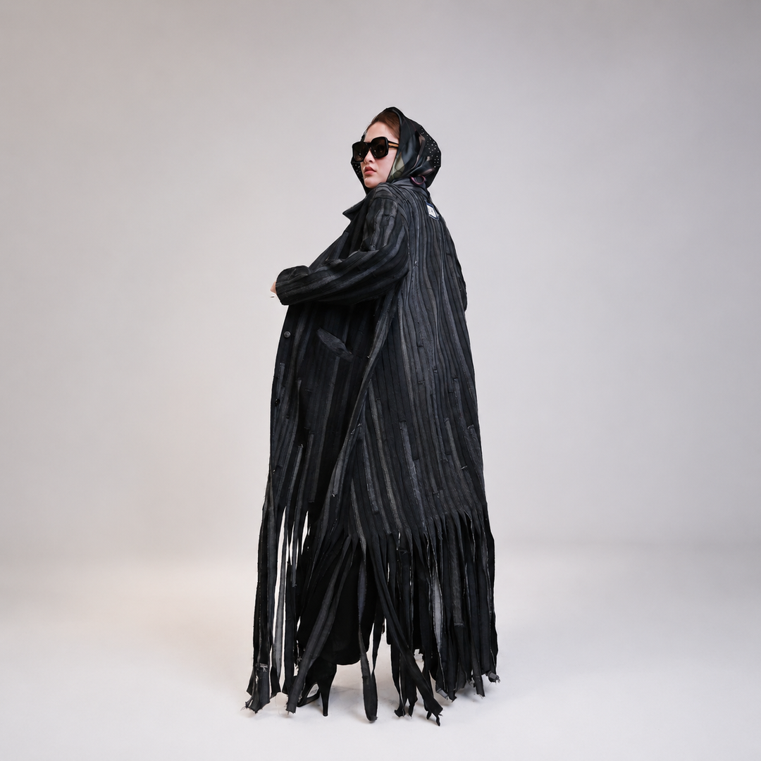 EFAAR Noir Fringed Striped Denim Abaya