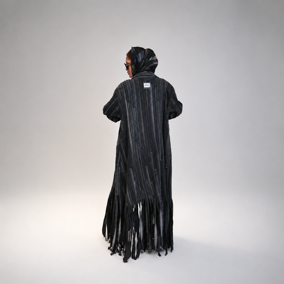 EFAAR Noir Fringed Striped Denim Abaya