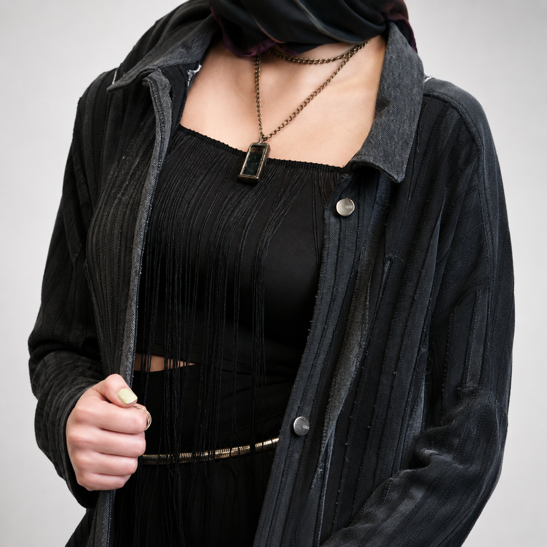 EFAAR Noir Fringed Striped Denim Abaya