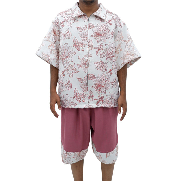 Mens Jacquard Pink Floral Oversized Co-Ords Short Sleeve