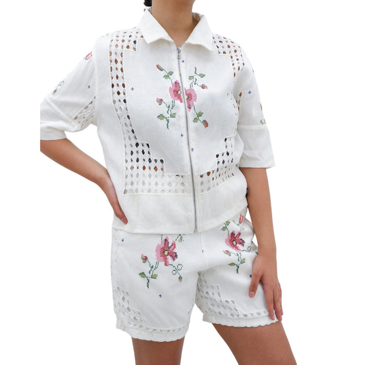 Ladies Floral Hand Embroidered Co-Ords Short Sleeve