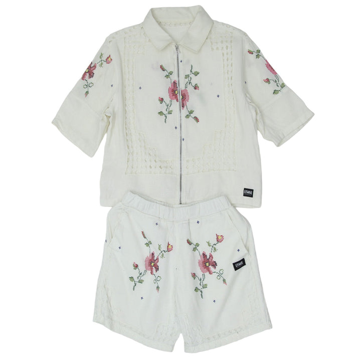 Ladies Floral Hand Embroidered Co-Ords Short Sleeve