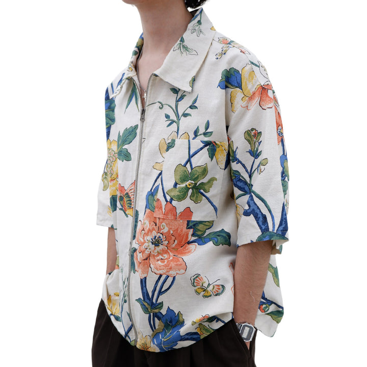 Mens White Floral Full Zip Oversized Top Short Sleeve