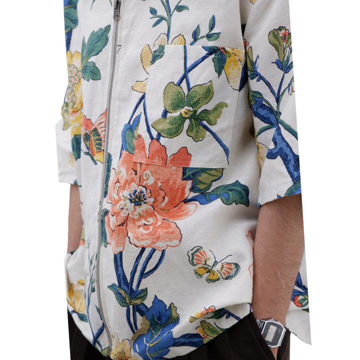 Mens White Floral Full Zip Oversized Top Short Sleeve