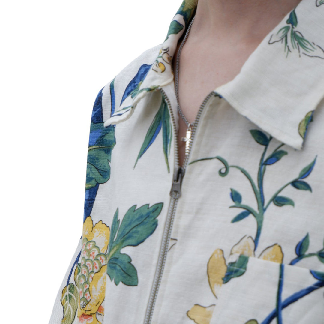 Mens White Floral Full Zip Oversized Top Short Sleeve