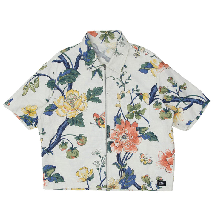 Mens White Floral Full Zip Oversized Top Short Sleeve