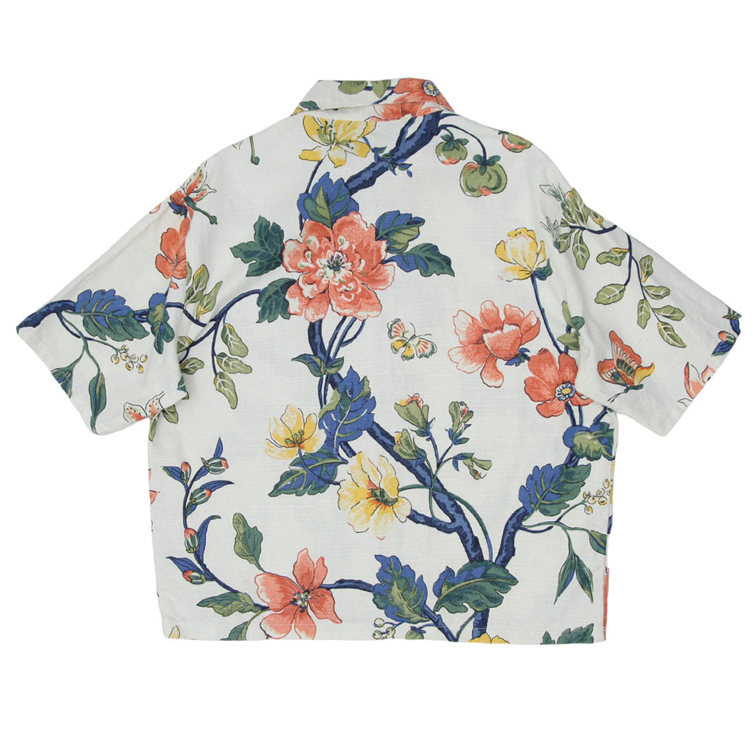 Mens White Floral Full Zip Oversized Top Short Sleeve