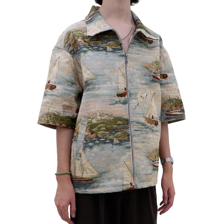 Mens Tapestry Sailing Full Zip Oversized Top Short Sleeve