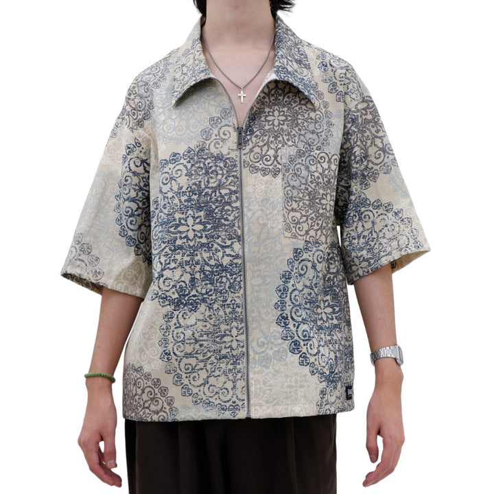 Mens Floral Patterned Full Zip Oversized Top Short Sleeve