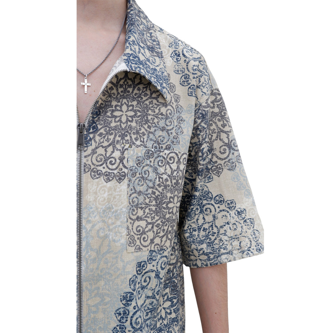 Mens Floral Patterned Full Zip Oversized Top Short Sleeve