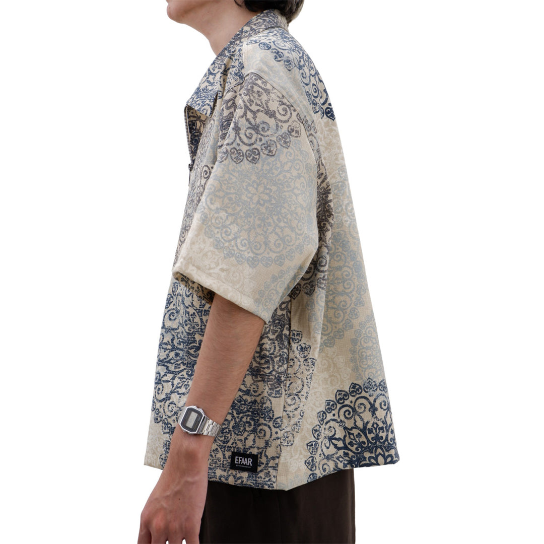 Mens Floral Patterned Full Zip Oversized Top Short Sleeve