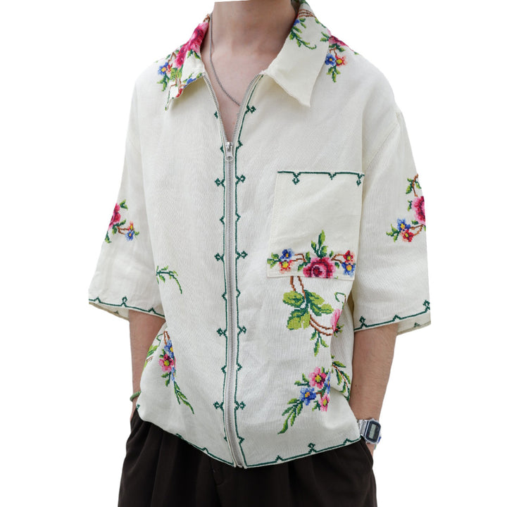 Mens Floral Hand Embroidered Full Zip Top Short Sleeve