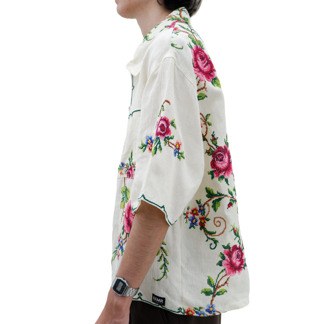 Mens Floral Hand Embroidered Full Zip Top Short Sleeve