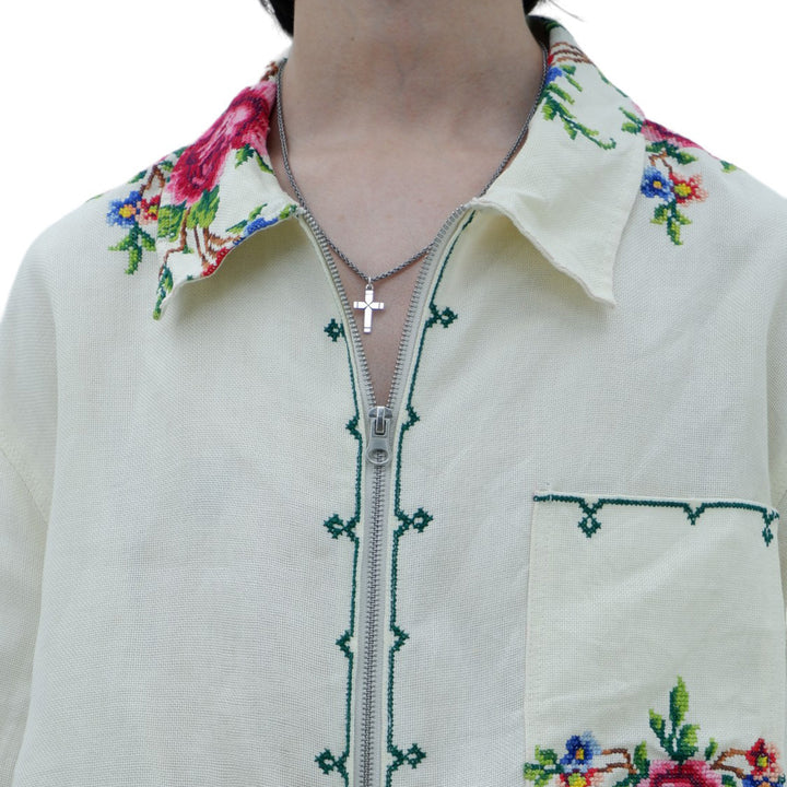 Mens Floral Hand Embroidered Full Zip Top Short Sleeve