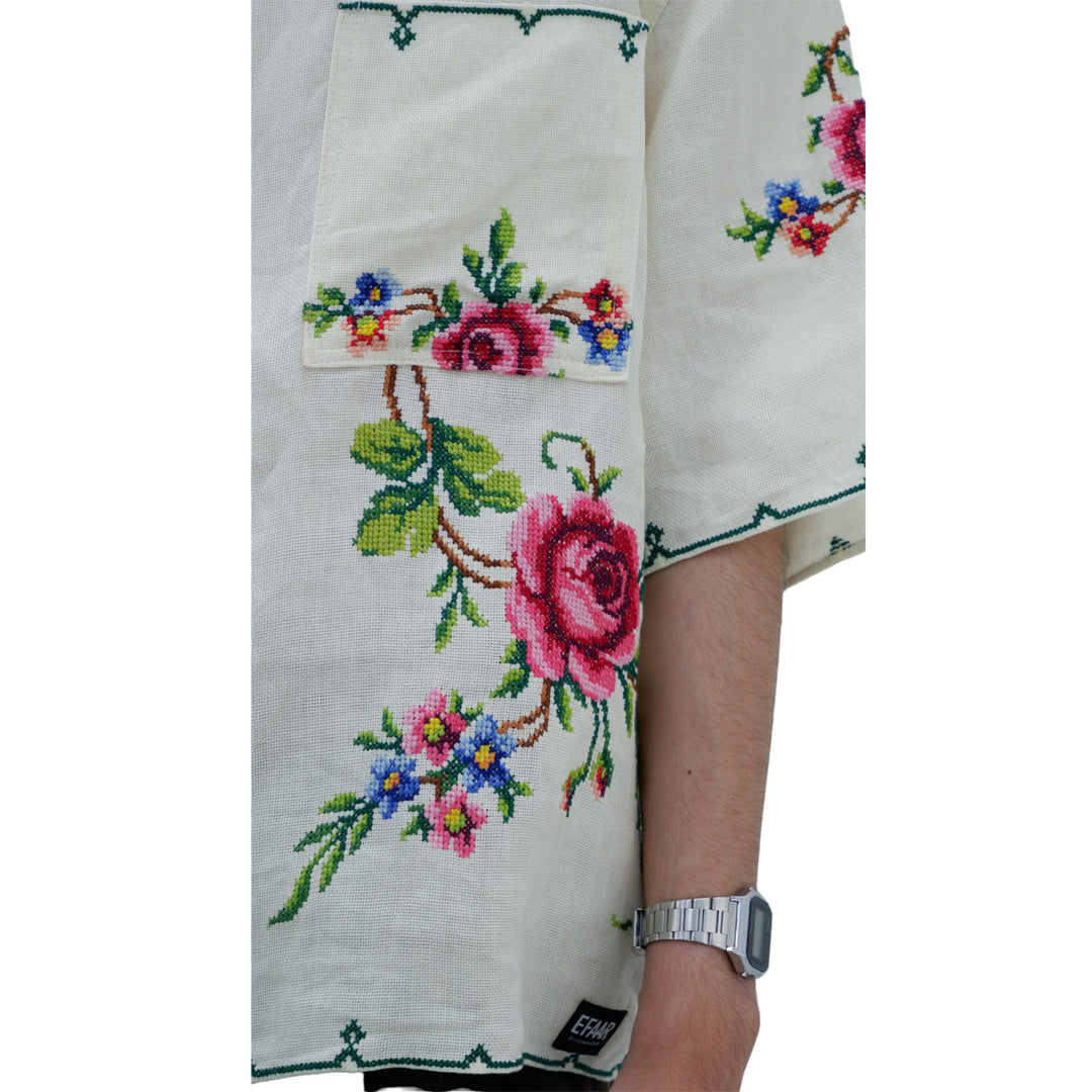 Mens Floral Hand Embroidered Full Zip Top Short Sleeve