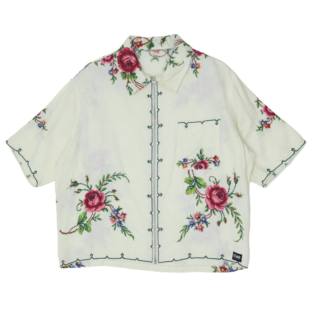 Mens Floral Hand Embroidered Full Zip Top Short Sleeve