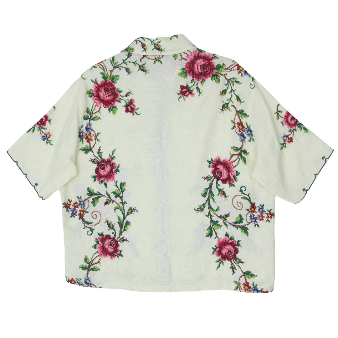 Mens Floral Hand Embroidered Full Zip Top Short Sleeve