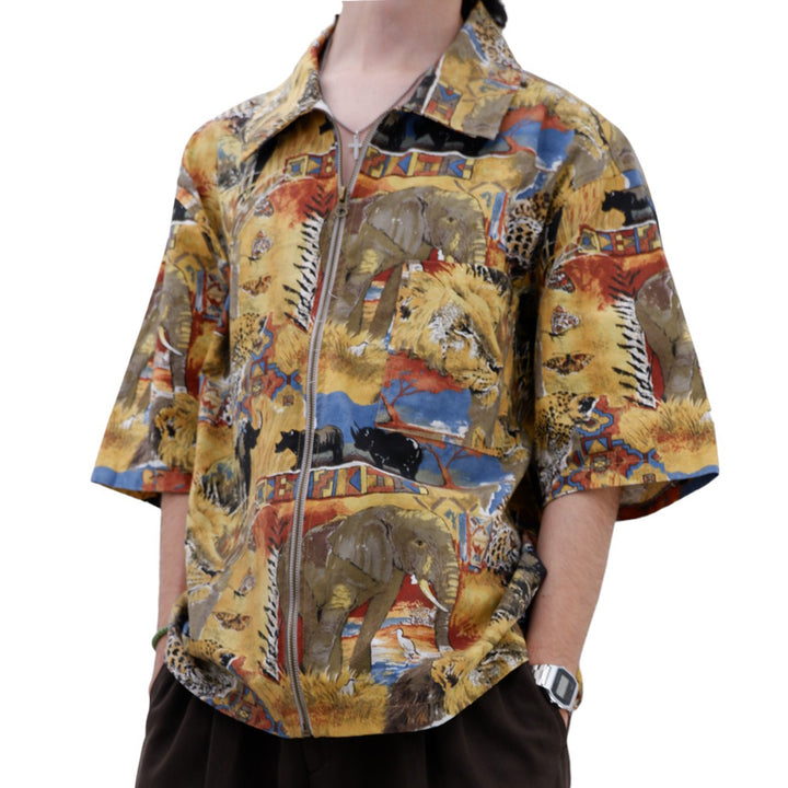 Mens Wild Animals Full Zip Oversized Top Short Sleeve