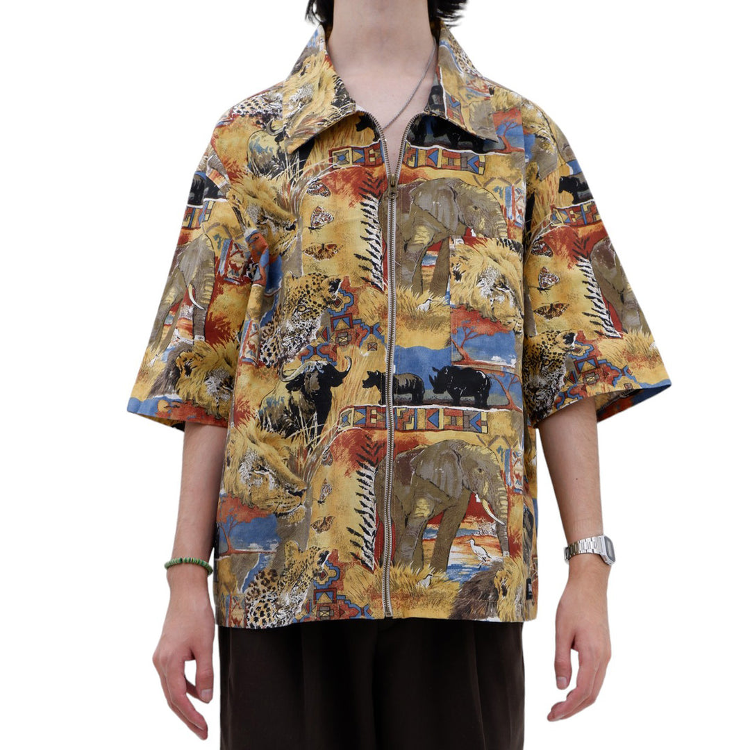 Mens Wild Animals Full Zip Oversized Top Short Sleeve