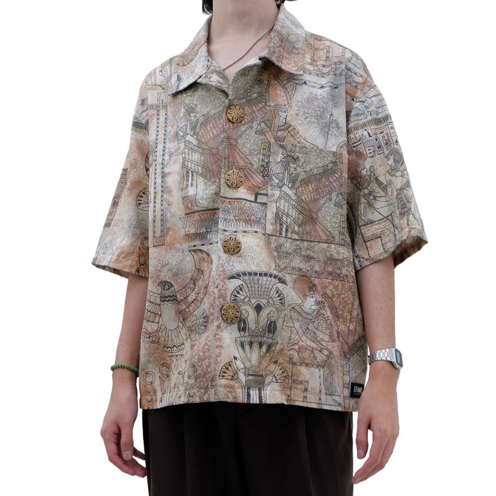 Mens Egypt Art Button Down Oversized Top Short Sleeve